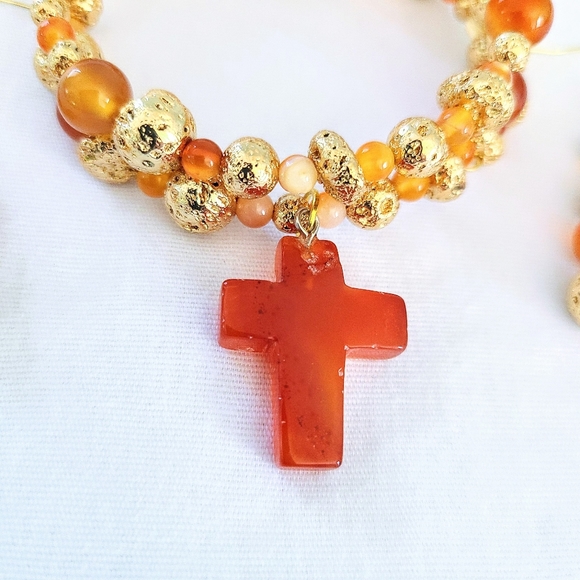 Piece #466 "Courageous" Gold Lava Stone Carnelian Bead Handmade Bangle Bracelet - Picture 6 of 6